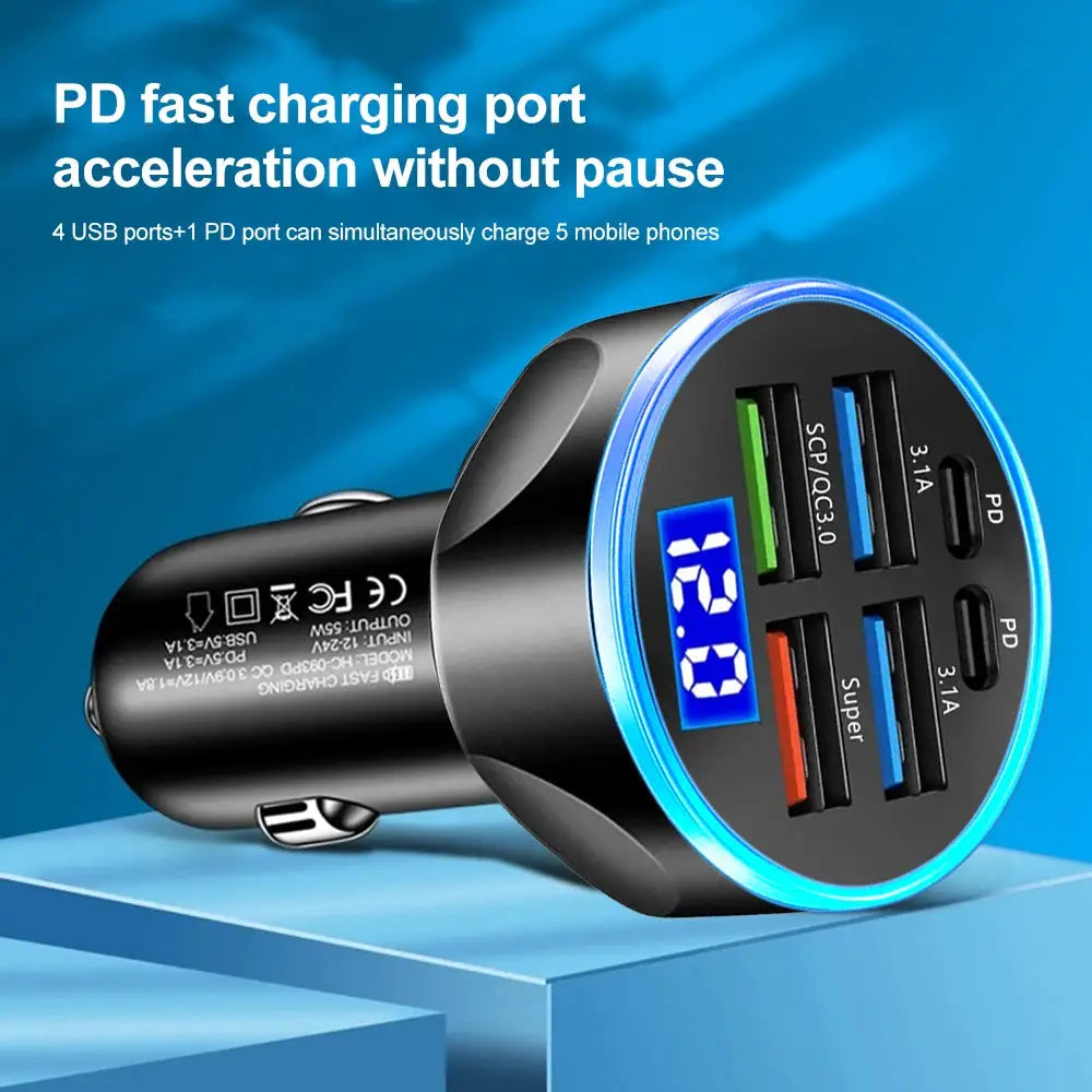 66-250W PD Car Charger QC3.0 Fast Charge One To Six Car Cigarette Lighter Plugs With Digital Display