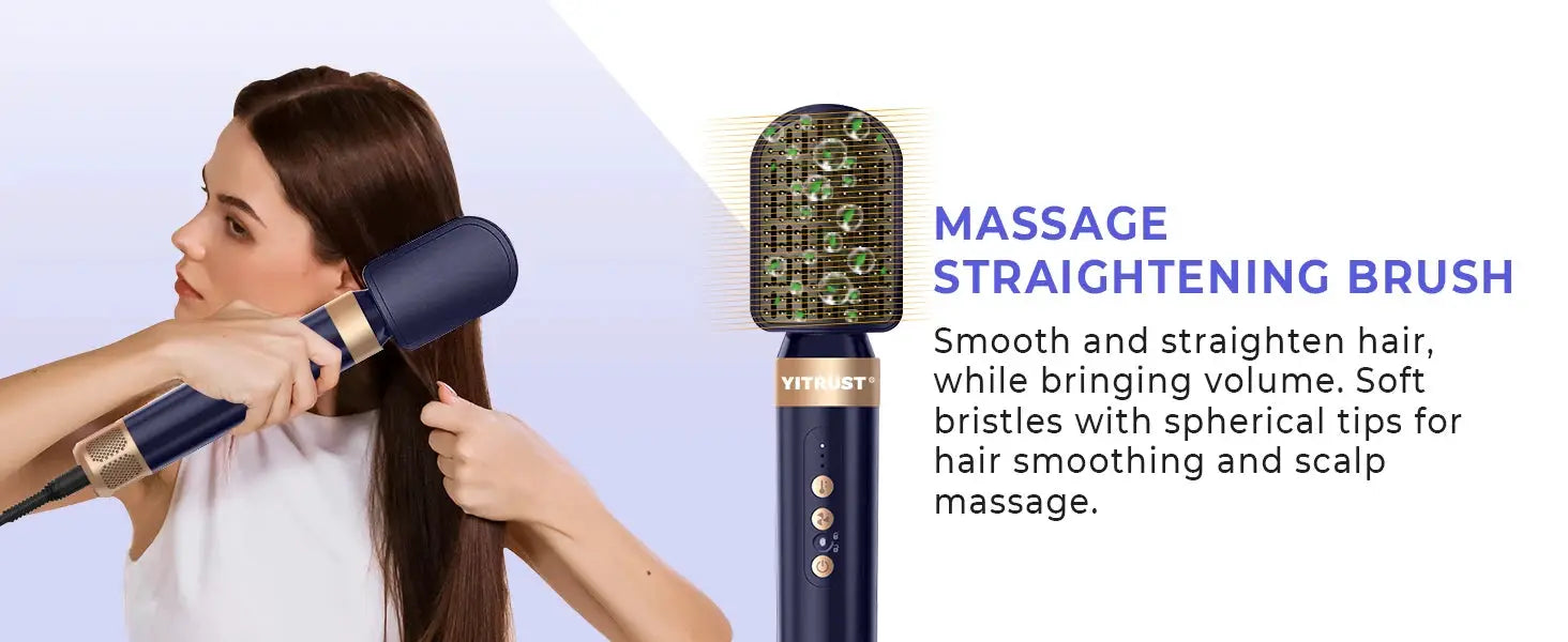 7-in-1 hair dryer brush by YITRUST for Simples Market, blue with gold trim, used on long hair for straightening and scalp massage.