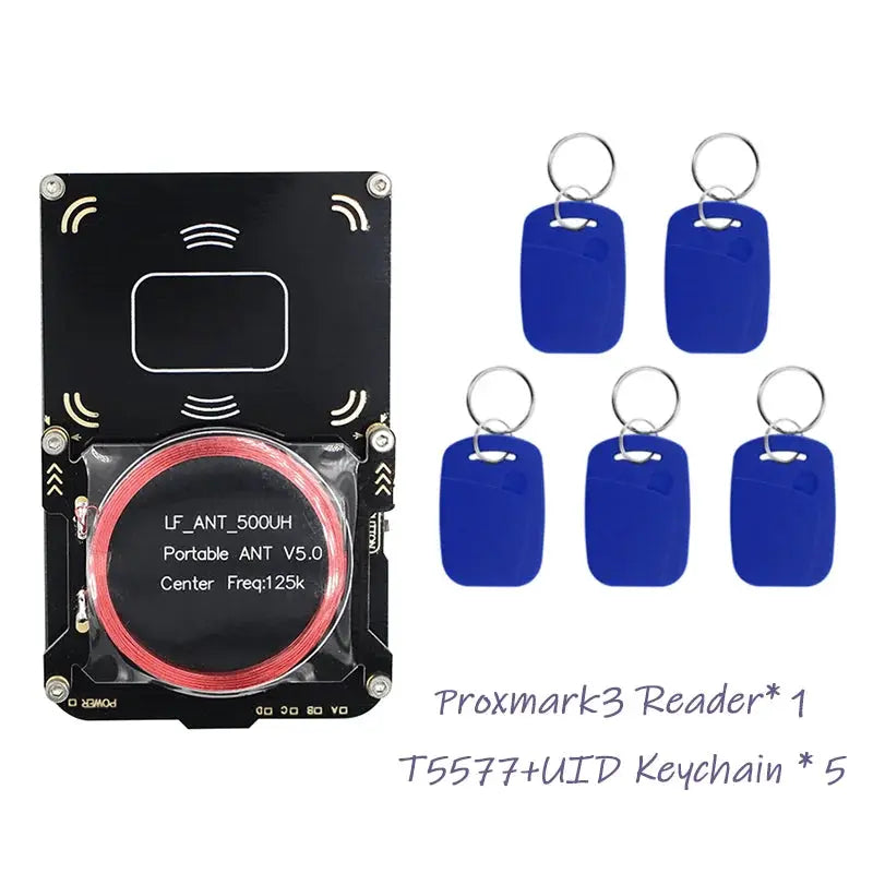 Proxmark3 RFID reader board with 5 blue UID keychain fobs