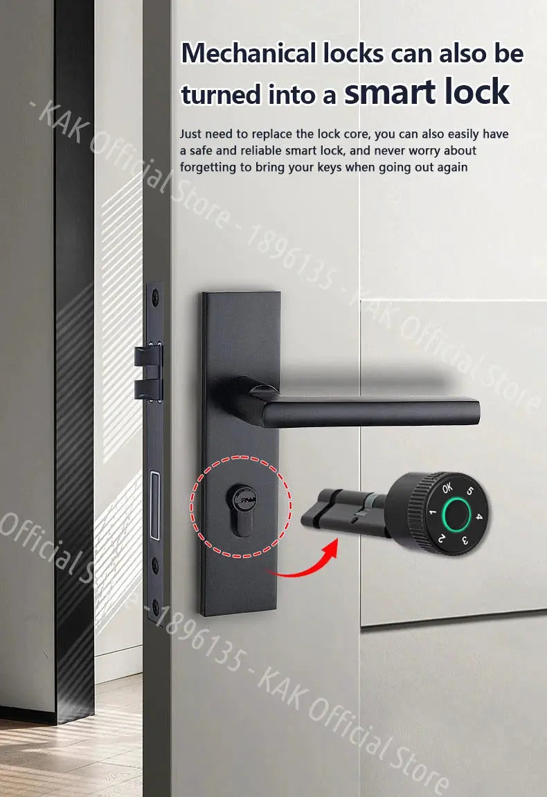 KAK Tuya smart door lock with fingerprint cylinder and keypad, black metal finish