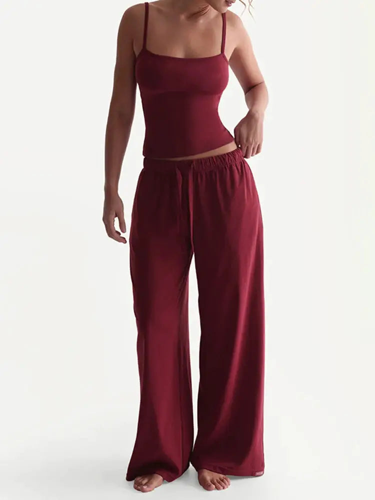 Kliou Women Two Piece Set U Neck Backless Camisole Top Pants