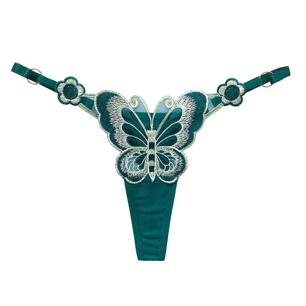 Butterfly lace thong for women in teal with embroidered butterfly motif and adjustable waist