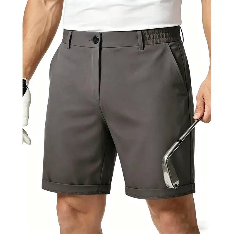 Men's gray 100% cotton shorts; casual business style with belt loops and front pockets.