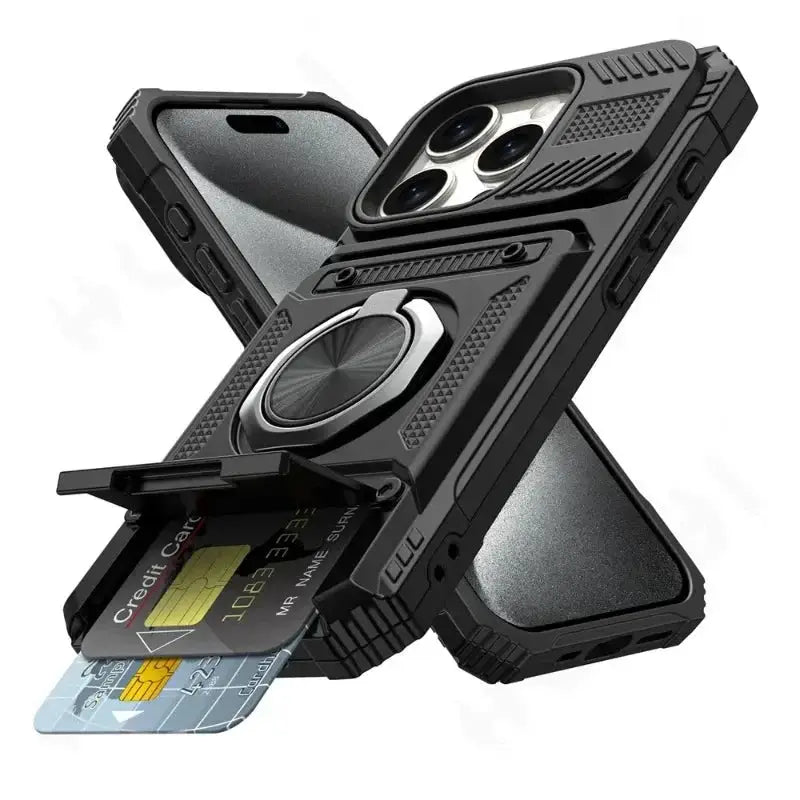 ShieldTech Pro Wallet Case For iPhone 7 To 16 Pro Max Magnetic Ring Kickstand And Card Slots Heavy Duty Drop Guard