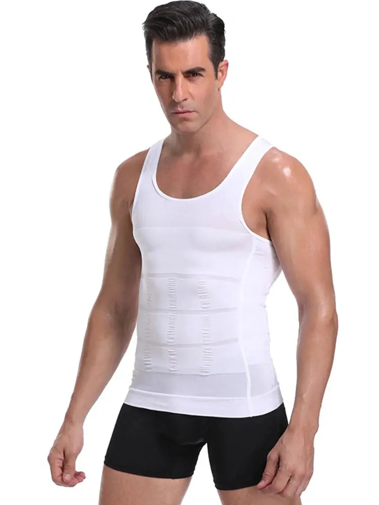 Men's Simples Market white shapewear compression vest with abdomen panels on model.