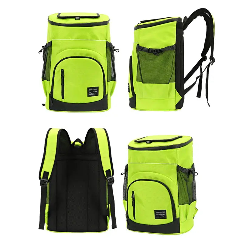 Soft insulated cooler backpack 30L in neon green by Simples Market with black trim and side mesh pockets.