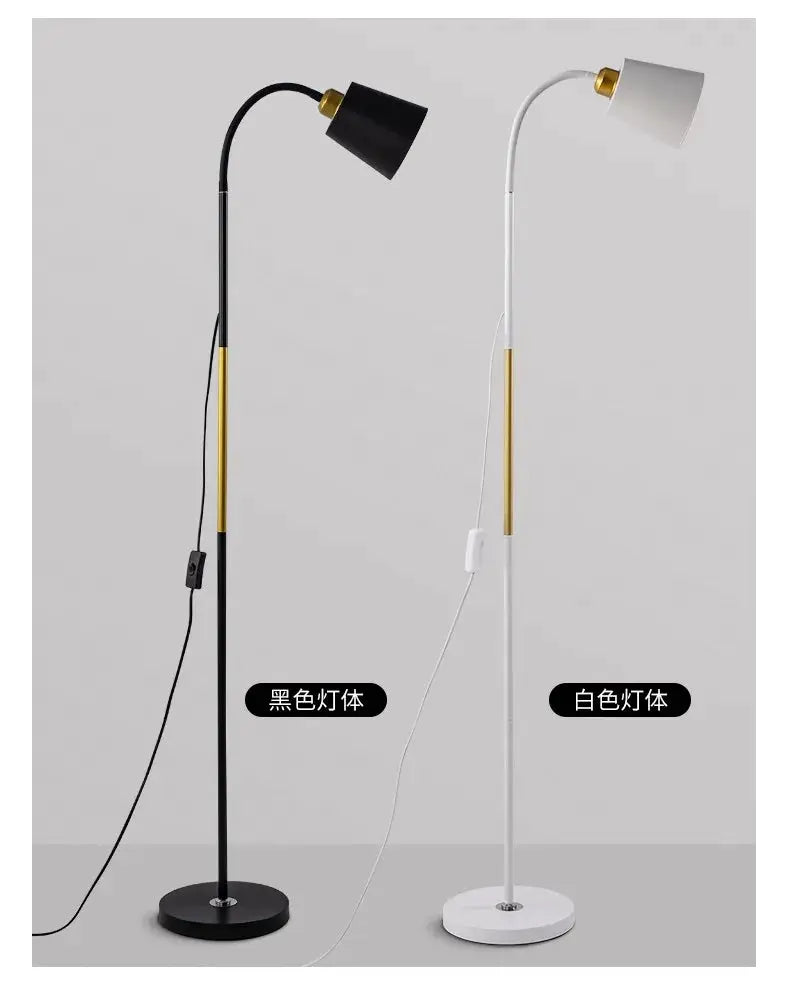 Two floor lamps: black and white wrought-iron LED standing lamps with adjustable heads and gold-tone accents.