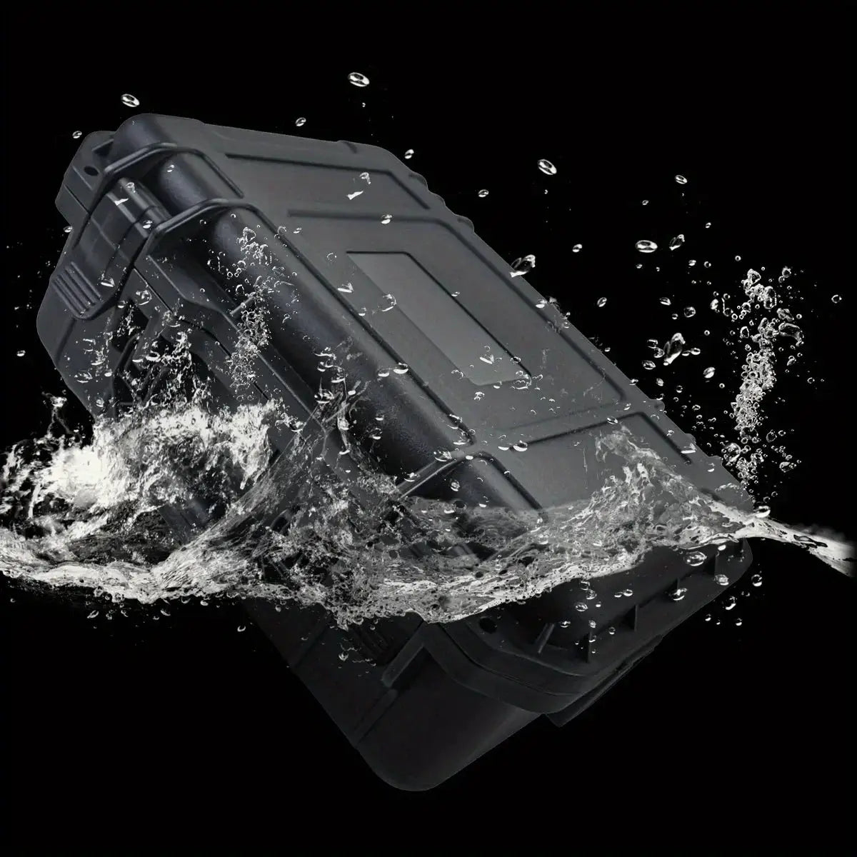 Simples Market waterproof hard tool case with pre-cut sponge storage; rugged black plastic toolbox.