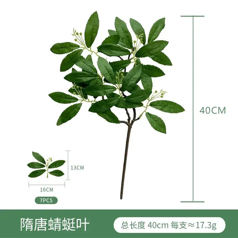 Artificial eucalyptus leaf spray, 7-piece green greenery set for wedding and home decor, 40 cm tall.