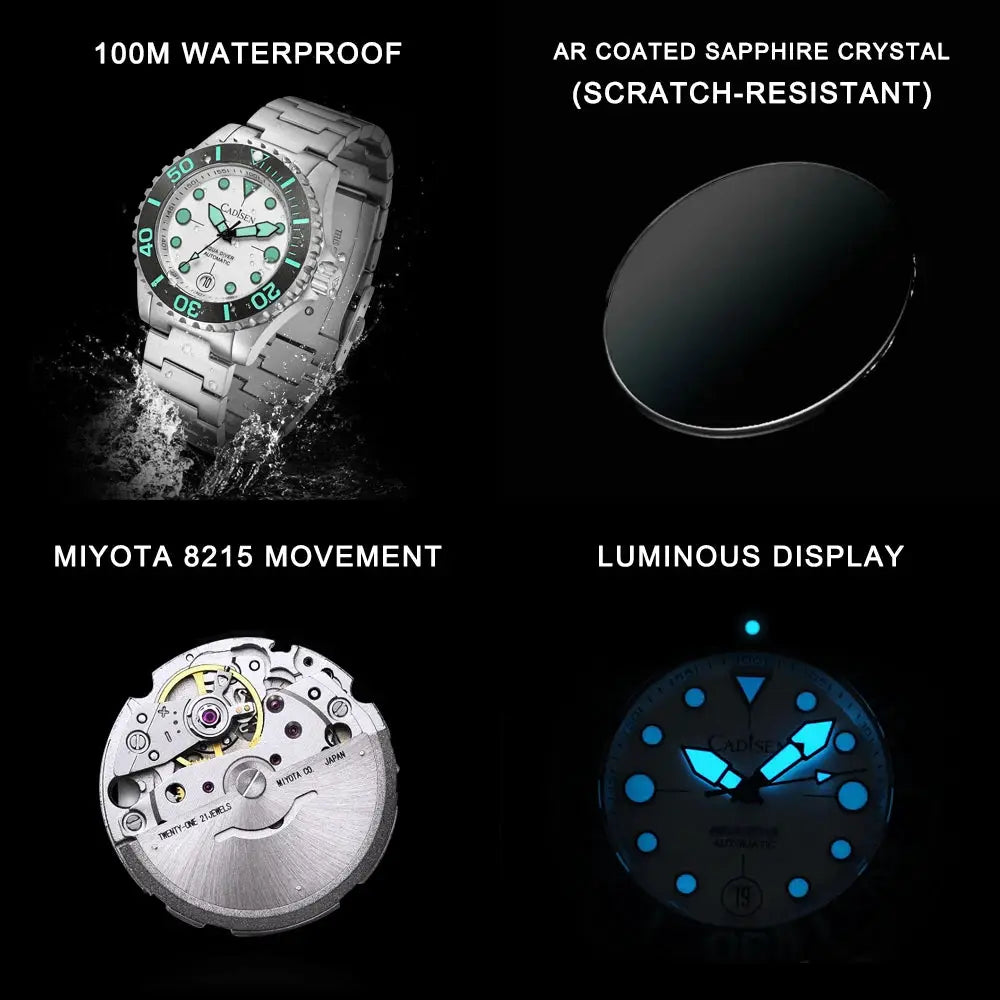 CADISEN Aqua Diver watch; automatic with Miyota 8215, luminous dial, 100M water resistant, Simples Market.