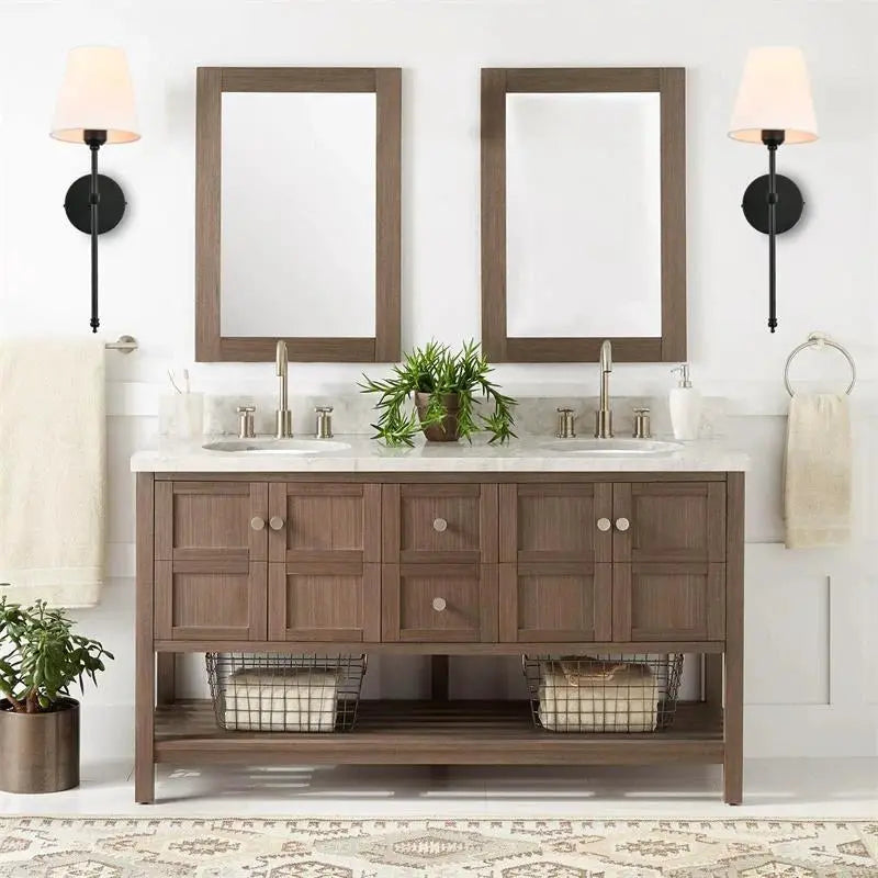 Simples Market modern American wall lamp pair with cloth shades and black backplates for bathroom mirrors