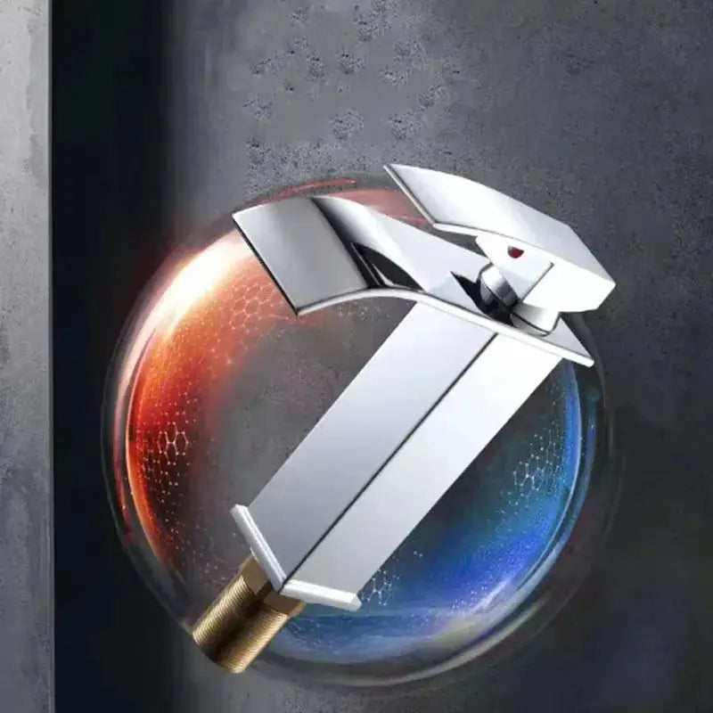 Waterfall wash basin faucet by Simples Market, stainless steel with high and low design, chrome finish