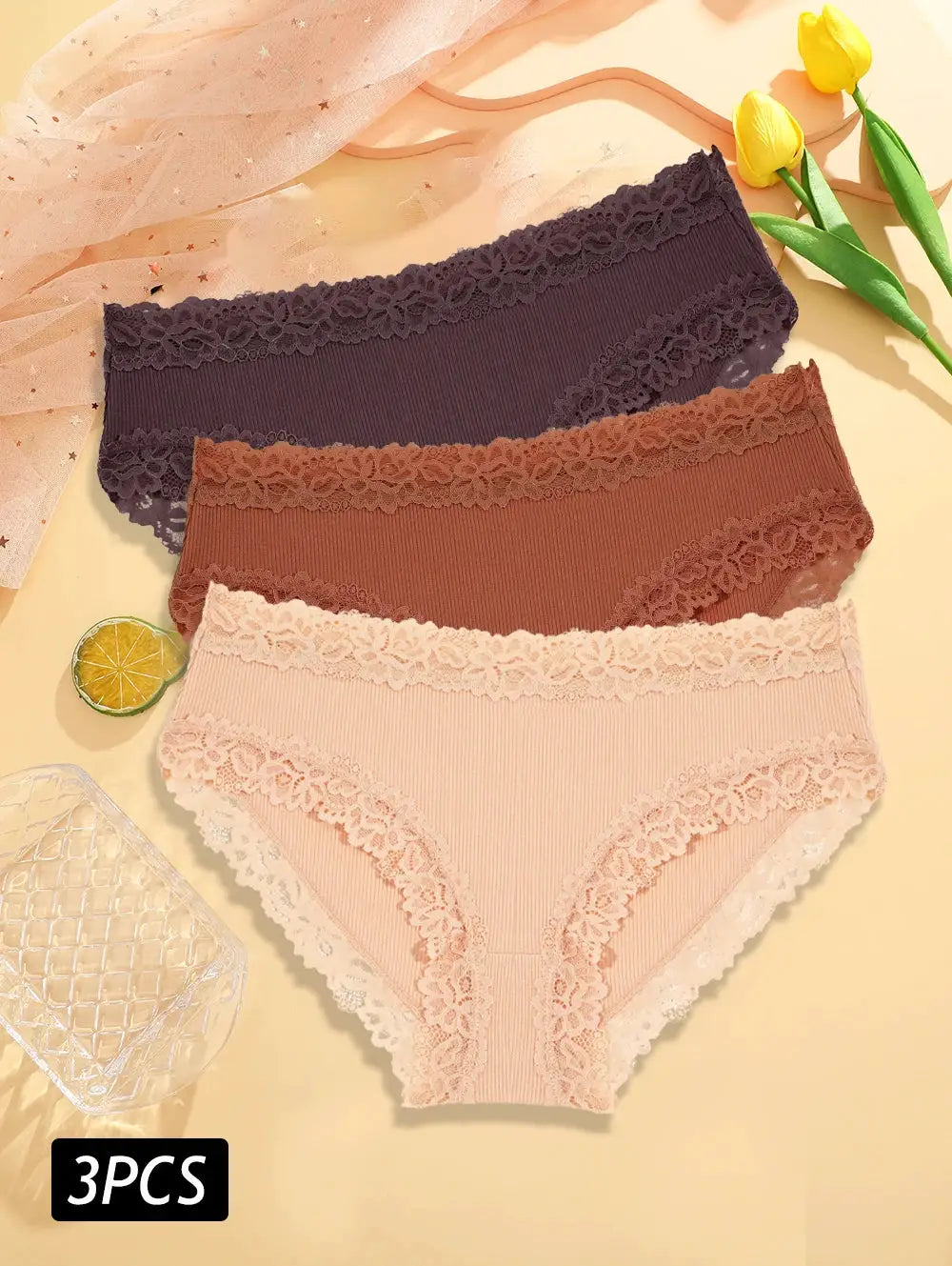 3PCS lace-trim cotton panties set in purple, brown, and blush pink; low-rise briefs