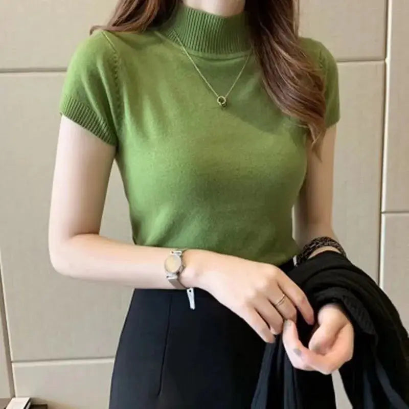 Korean Chic Half High Neck T Shirt Women Jumper Slim Fit Knit Top Spring Summer Solid Color