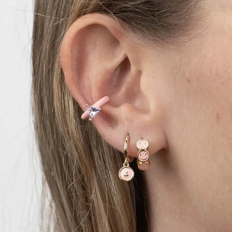 Sterling silver pink-needle zircon pendant ear earrings and gold-tone smiley-disc hoop earrings