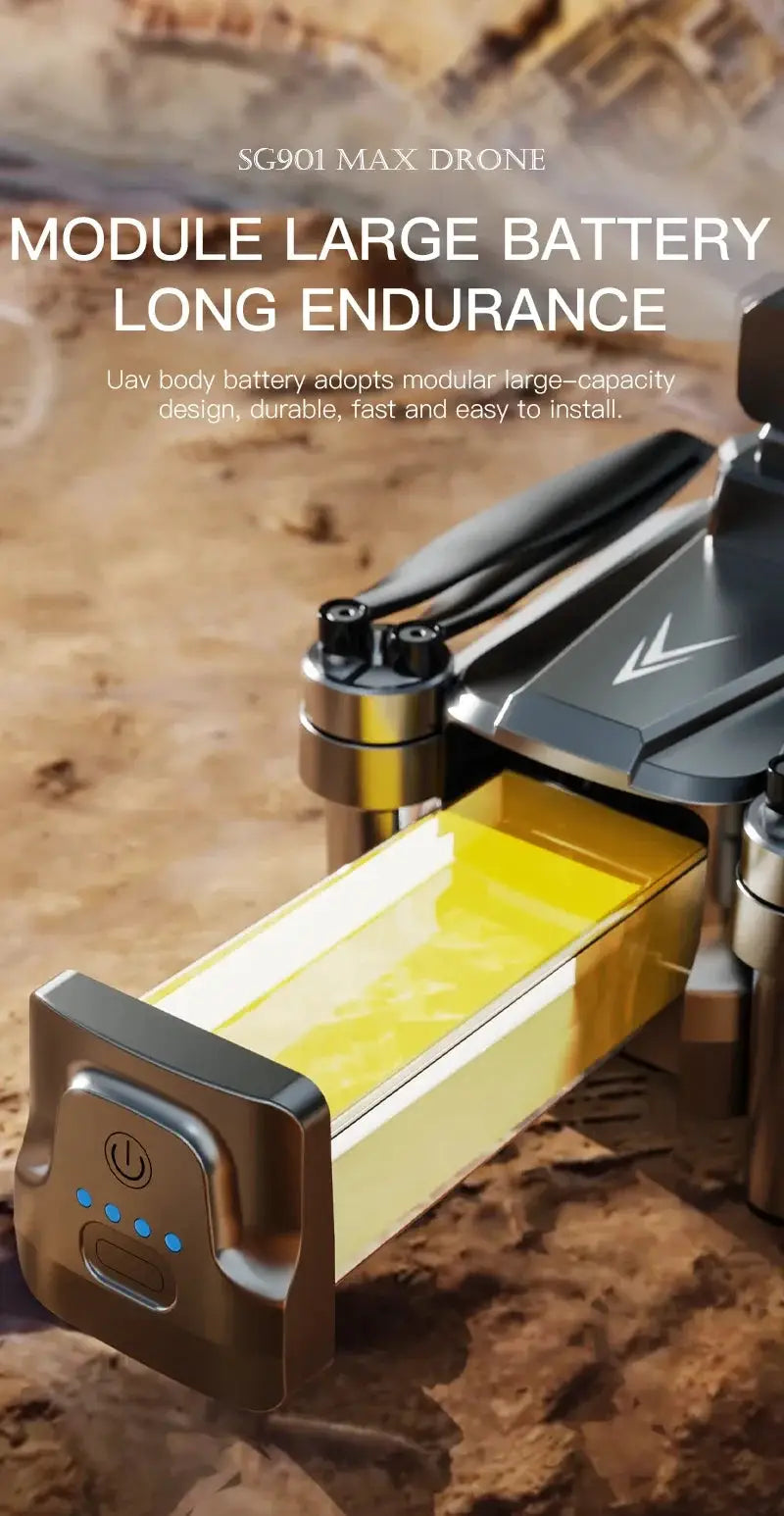 SG901 MAX drone with a large yellow battery module; folding brushless quadcopter on rugged terrain.