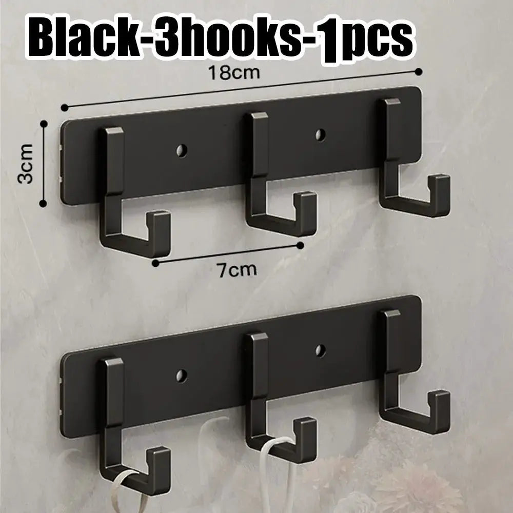 3-hook wall rack 2-pack, black aluminum, punch-free for kitchen or bathroom by Simples Market