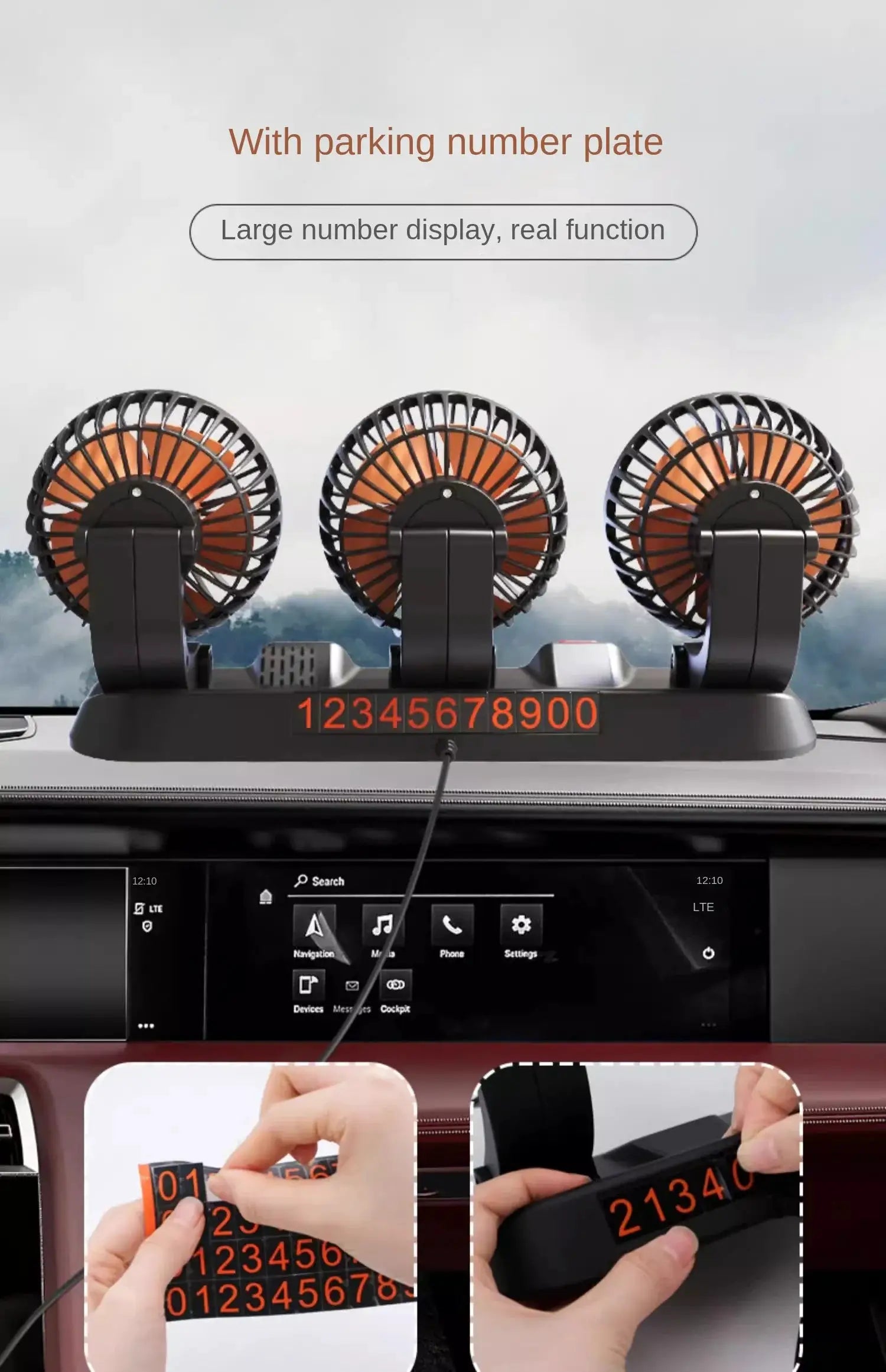Simples Market Car Fan 360° adjustable 3-head, black with orange blades, USB/12V/24V, 2 speeds for car or desk