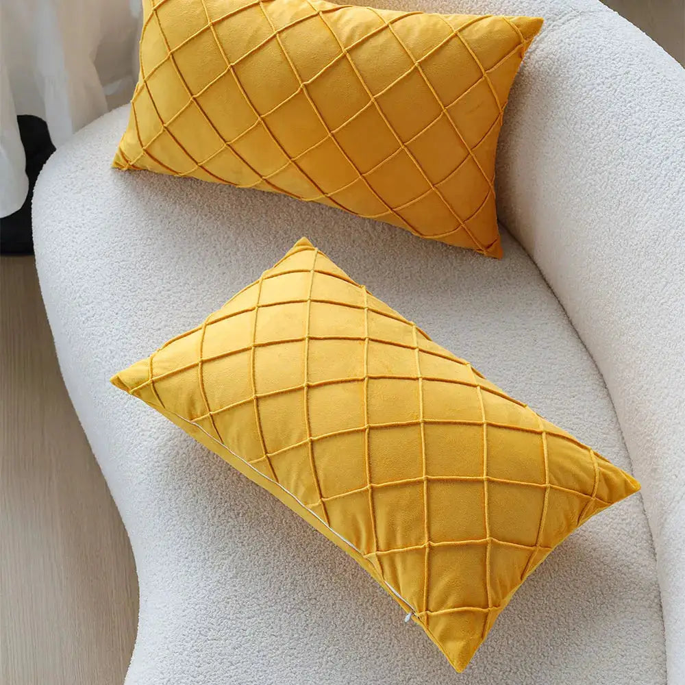 Rectangular pillow covers, yellow velvet, 30x50 cm, quilted diamond pattern, set of 2
