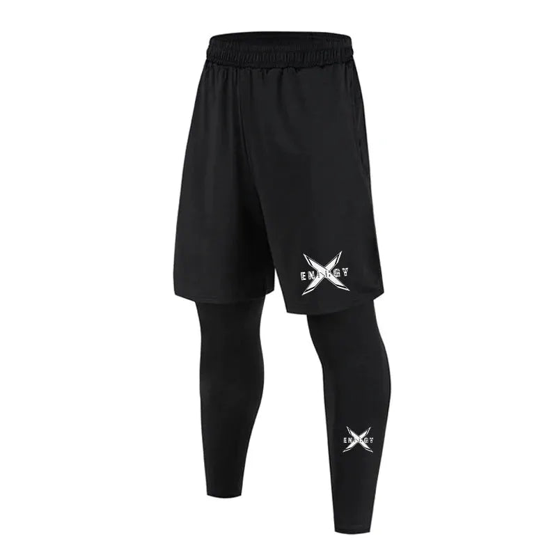 Men's black 2-in-1 quick-dry compression sport pants with Energy logo, shorts over tights.