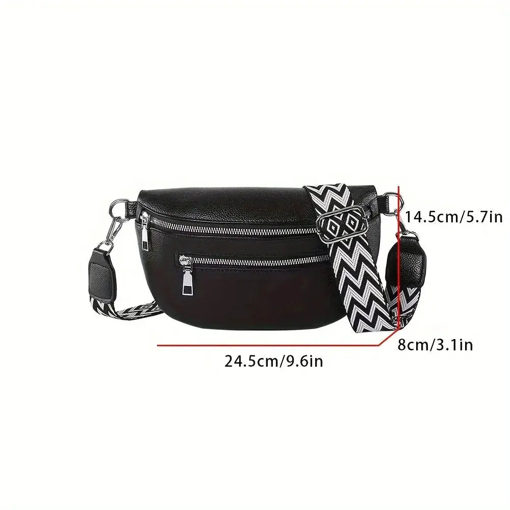 Simples Market black soft leather fanny pack with zip pockets and chevron crossbody strap