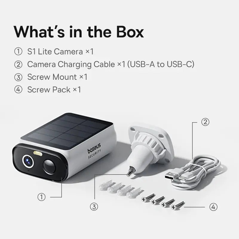Baseus S1 Lite solar wireless outdoor security camera; includes USB-C charging cable, screw mount, screw pack.