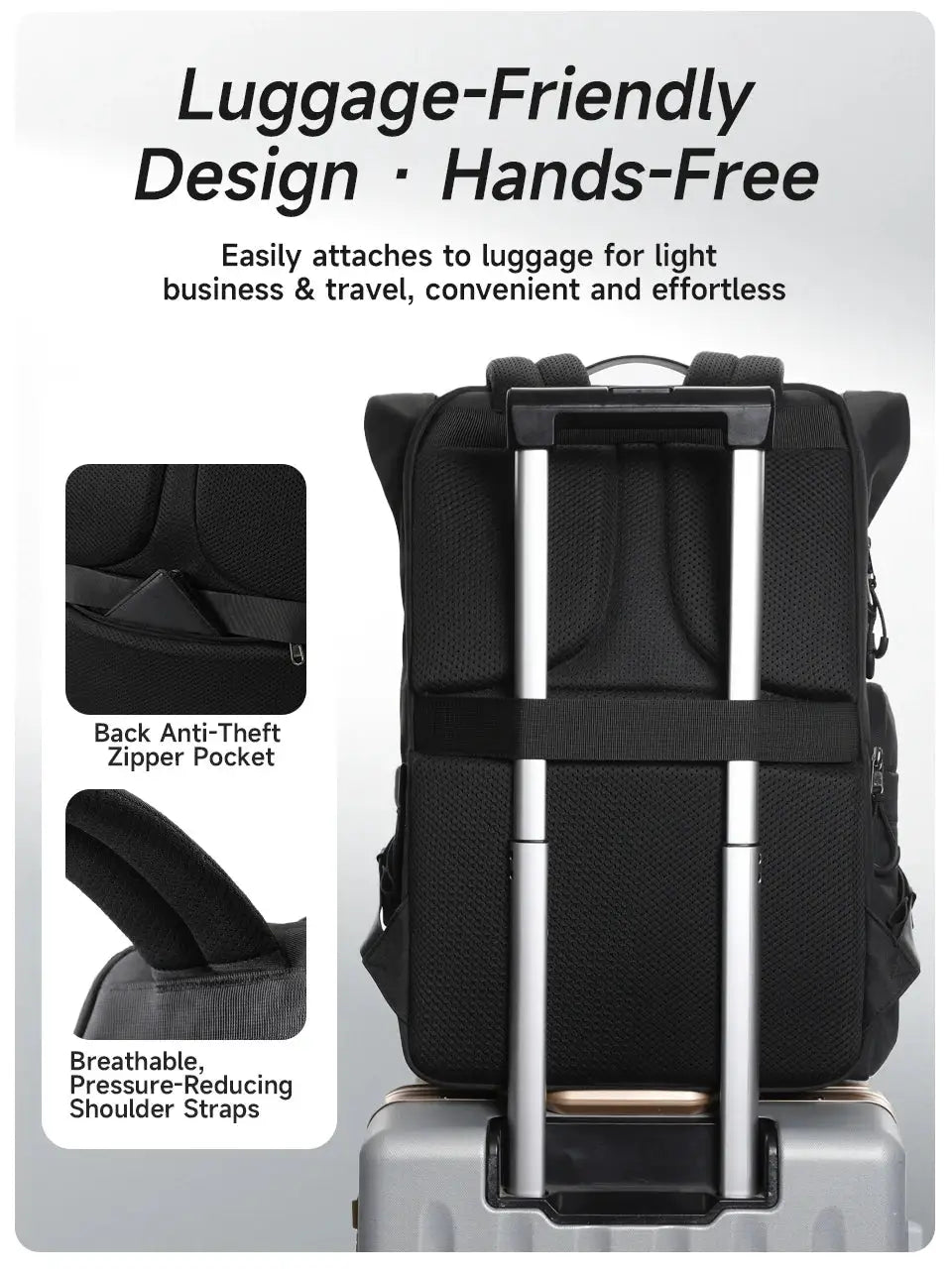 Tigernu travel backpack, black TPU waterproof, expandable with breathable shoulder straps; shown with 1 rolling suitcase.