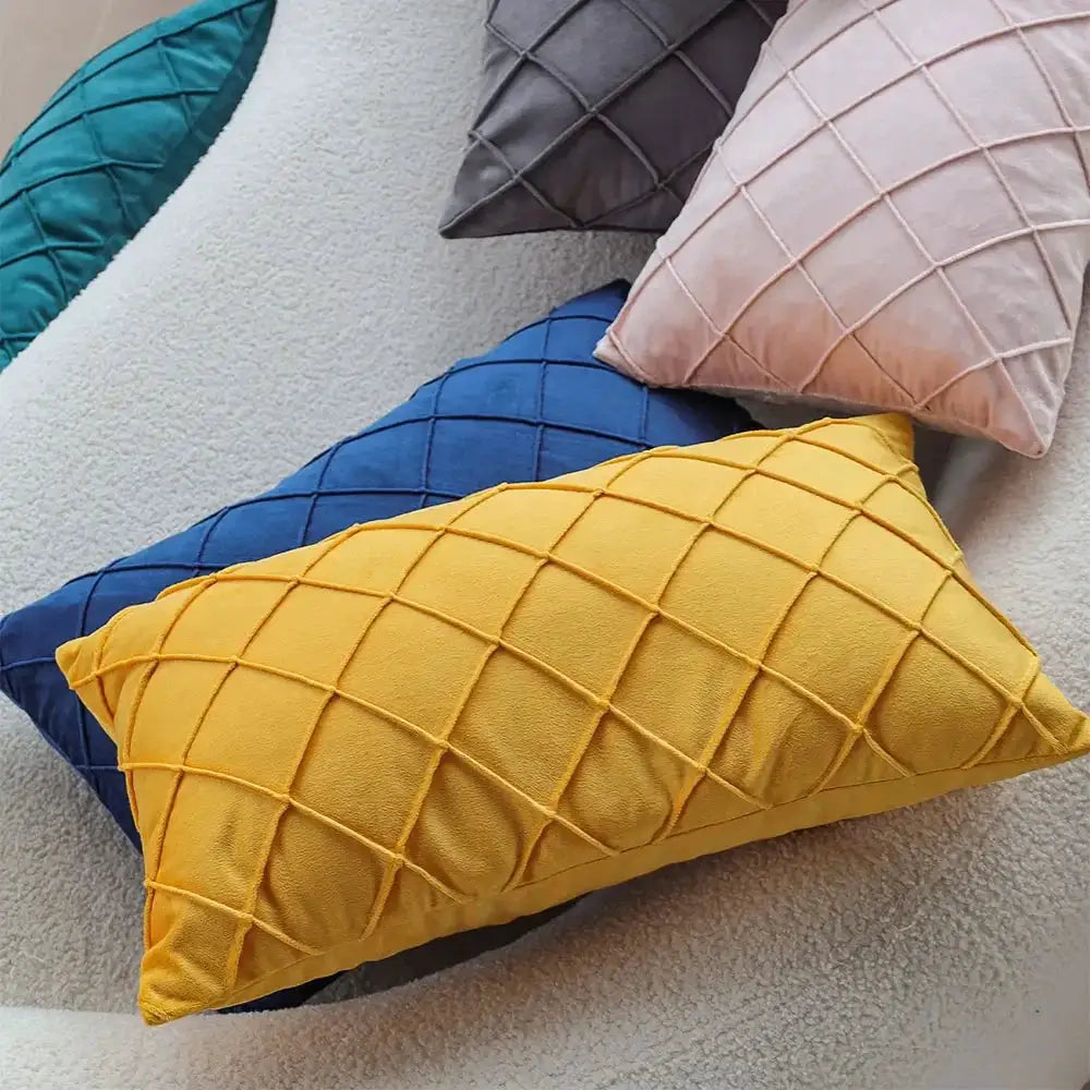 Rectangular pillow covers, 30x50 cm, set of 5, quilted grid pattern in yellow, blue, teal, gray, pink.