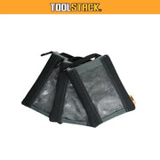 TOOLSTACK three-pack fastener bags for nails and power-tool accessories; black fabric with gray mesh panels, easy-carry suspension bags