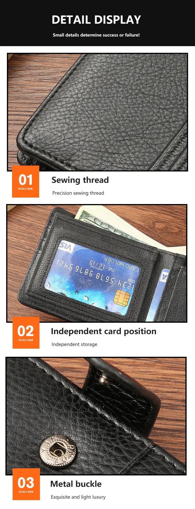 Men's slim black leather bifold wallet with ID window, multiple card slots and cash compartment