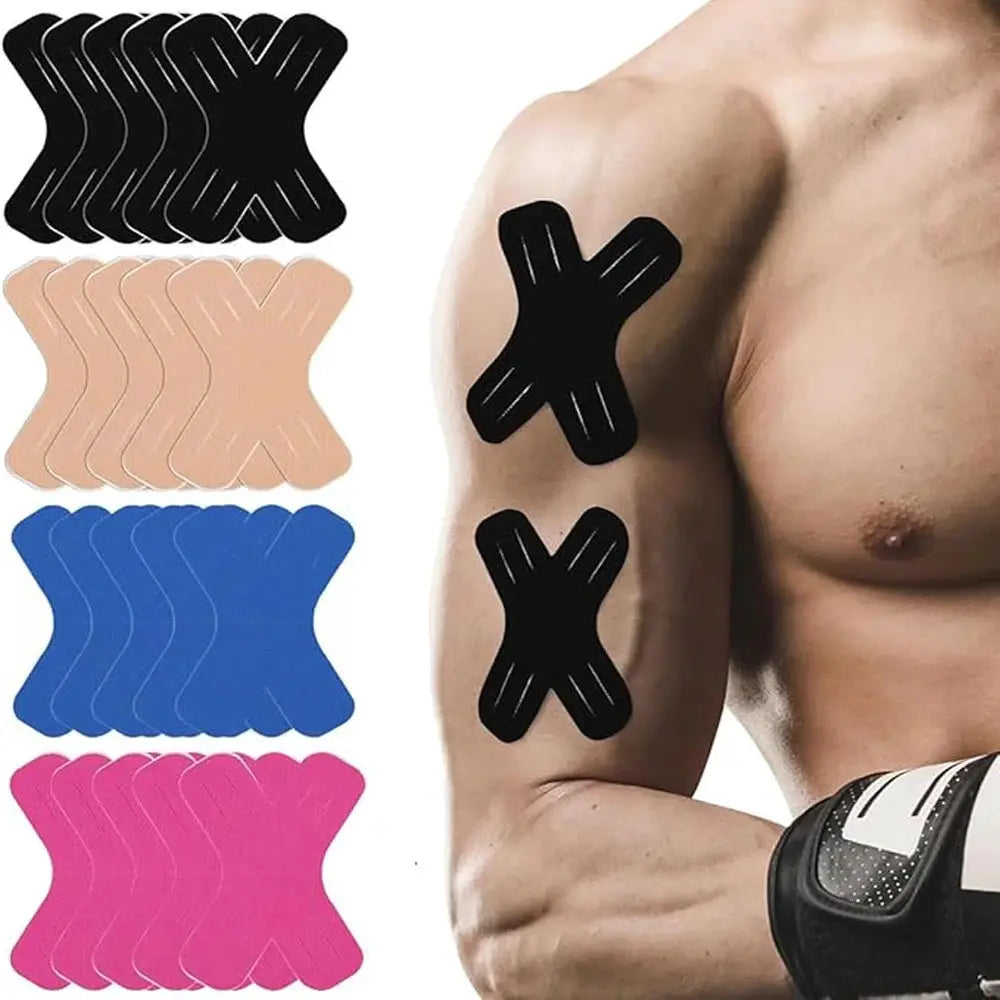 Kinesiology tape precuts, X-shaped patches; 10/20 pcs in black, beige, blue, and pink by Simples Market