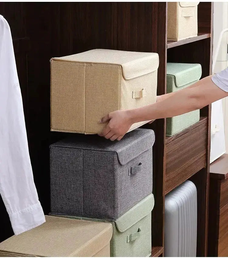 Fabric storage boxes with lids by Simples Market; foldable, washable cotton-linen, beige/gray/green