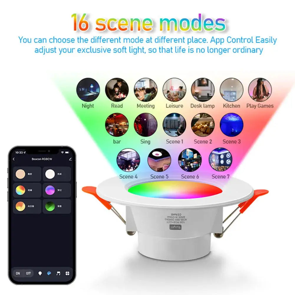 LED downlight by Simples Market, 10W RGB/CW, dimmable via Tuya app, recessed ceiling spotlight with 16 scene modes