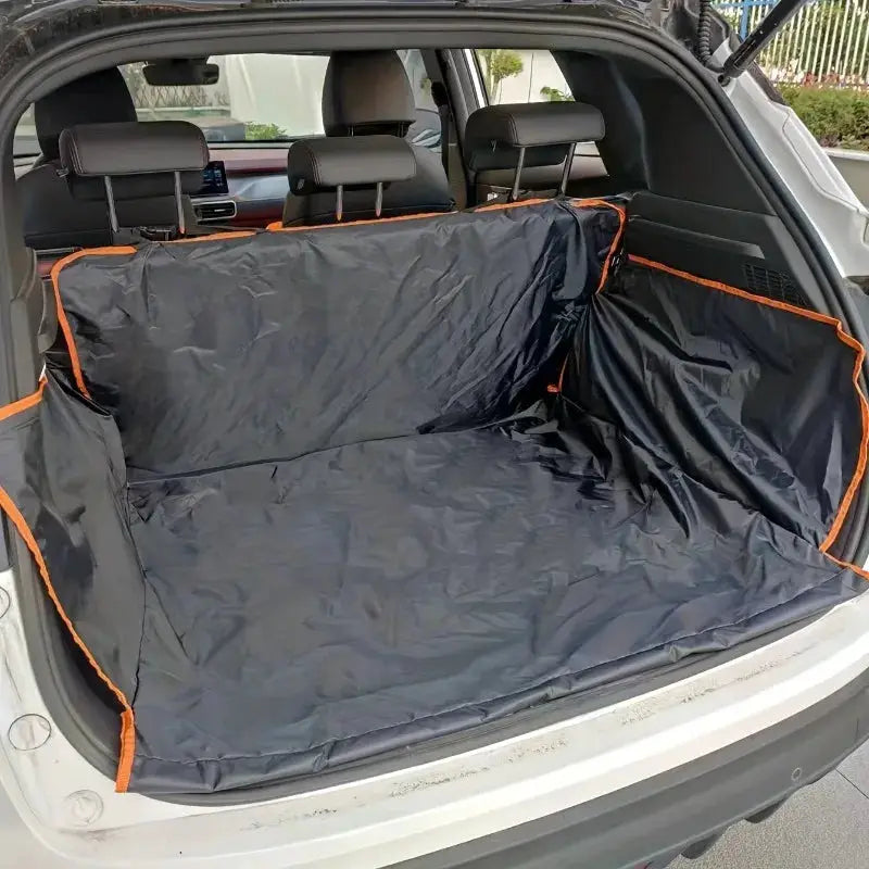 Waterproof SUV trunk mat with orange trim, scratch-resistant cargo liner for pets and dirt protection.