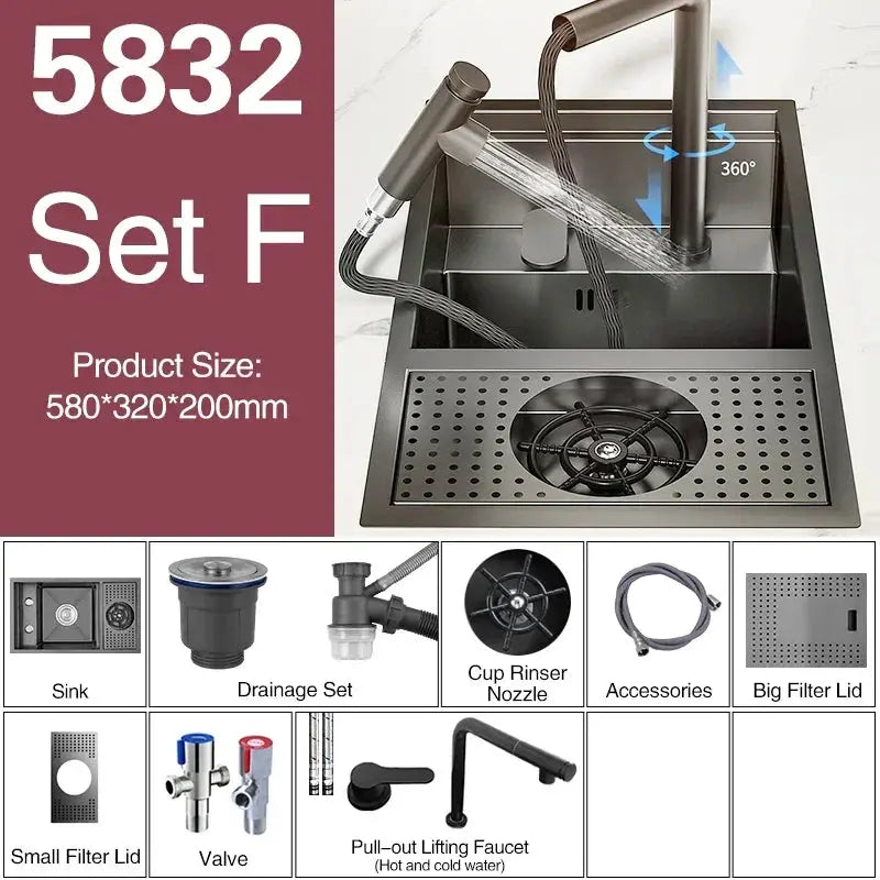 Simples Market ASRAS Nano black 8-piece small kitchen sink set with lifting faucet
