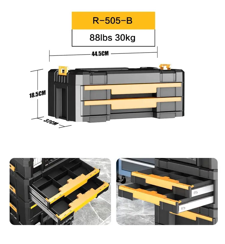 Simples Market AIRAJ Stackable Modular Toolbox Set with wheels; portable black gray tool chest with orange fronts.