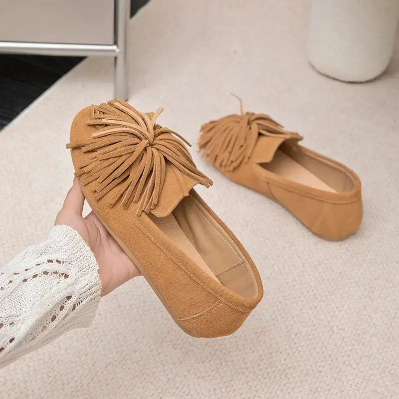 AIYUQI Women Genuine Leather Tassel Loafers Mary Jane Flat Shoes