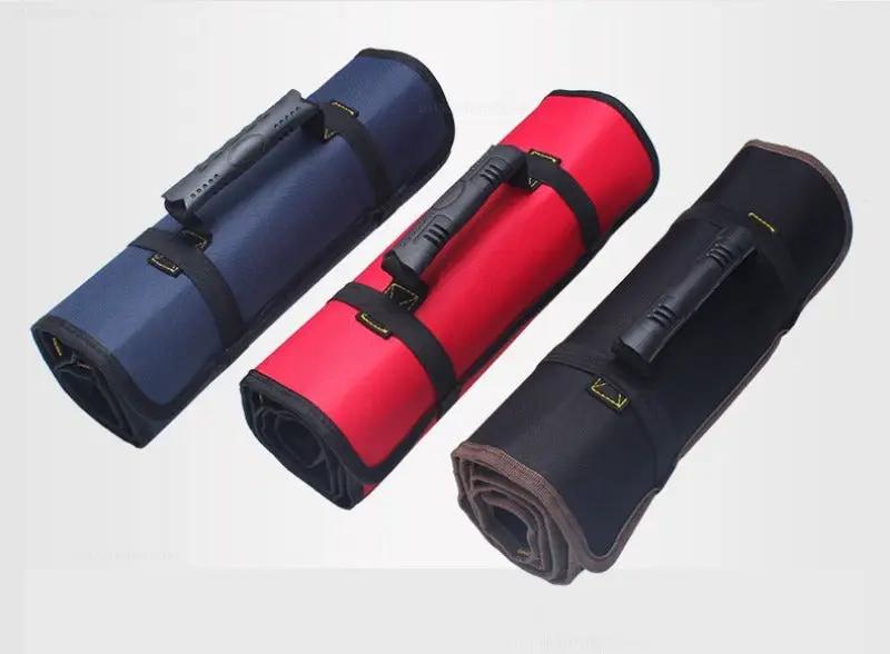 Simples Market Oxford canvas roller tool bags set; three rolled tool bags in blue, red and black with handles