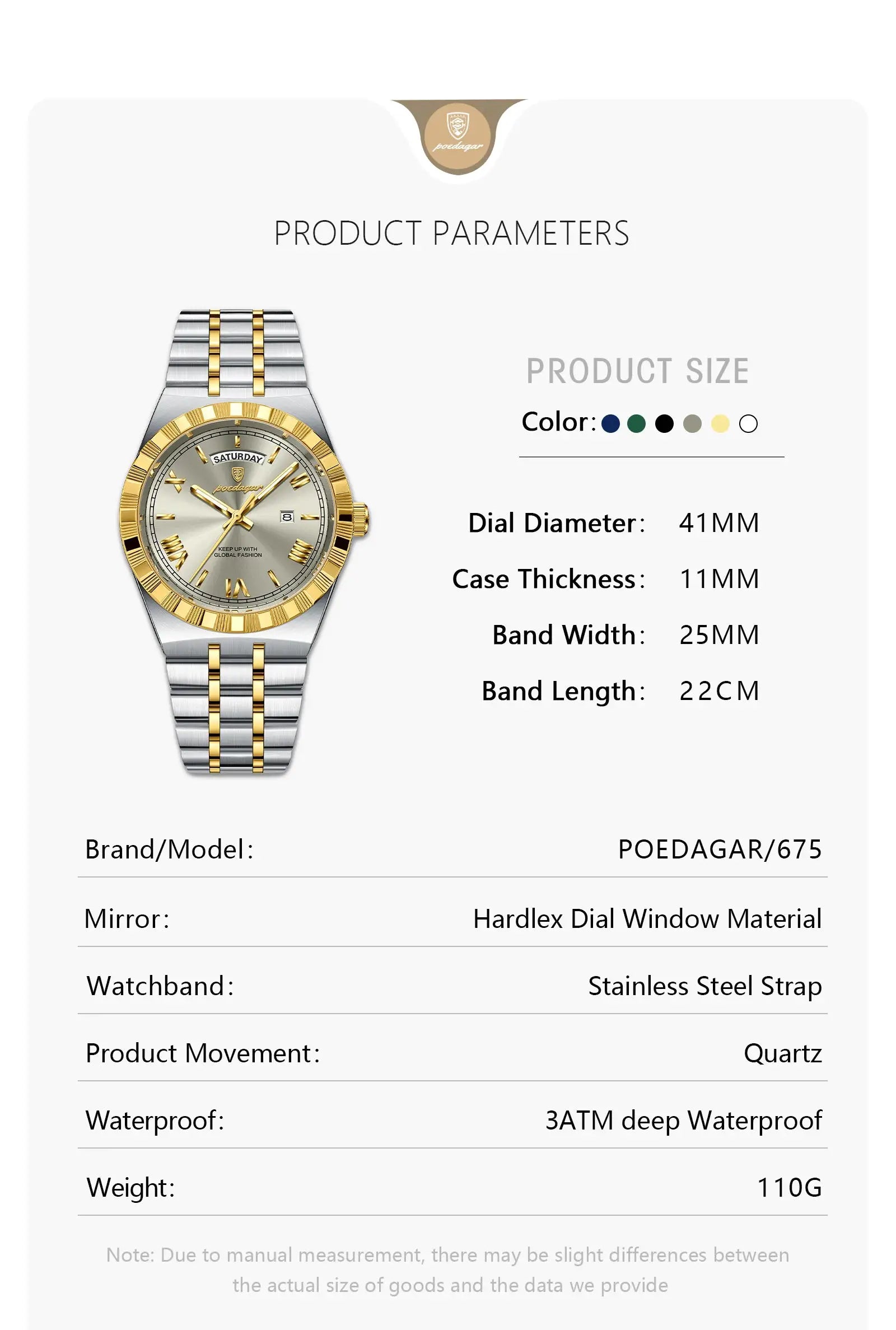 POEDAGAR men's stainless steel wristwatch, two-tone gold/silver bracelet with gold bezel and date window