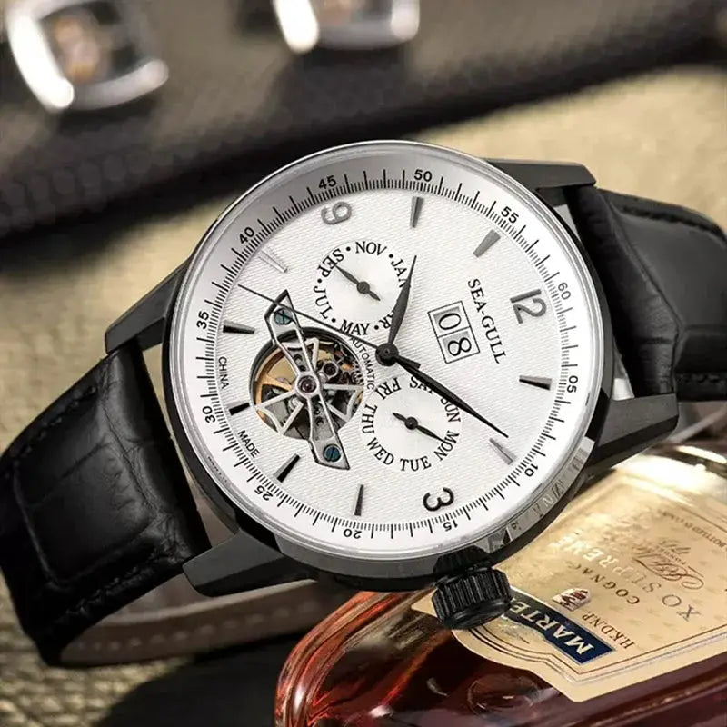 Seagull men's automatic skeleton watch with white dial and black leather strap