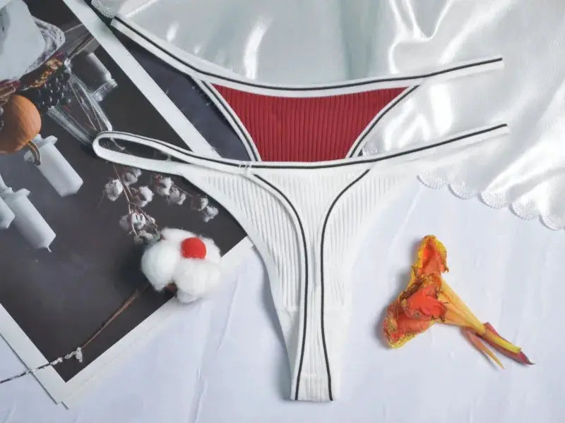Women's cotton thong underwear set; white and red ribbed low-rise G-strings (2 pieces)
