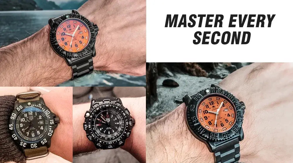 ADDIESDIVE luxury men's quartz watches collage by Simples Market; 4 orange/black dials, stainless steel straps