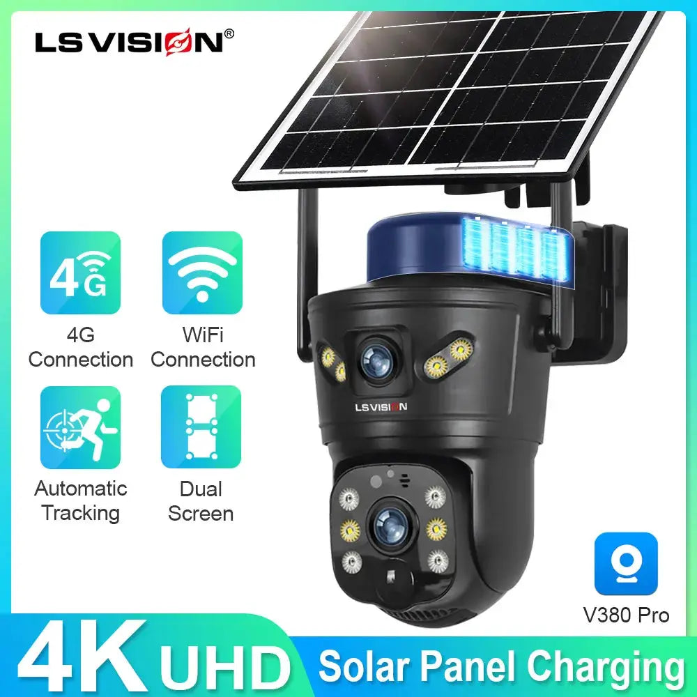 LS VISION 8MP outdoor solar security camera with 4G/WiFi, dual lens, night vision