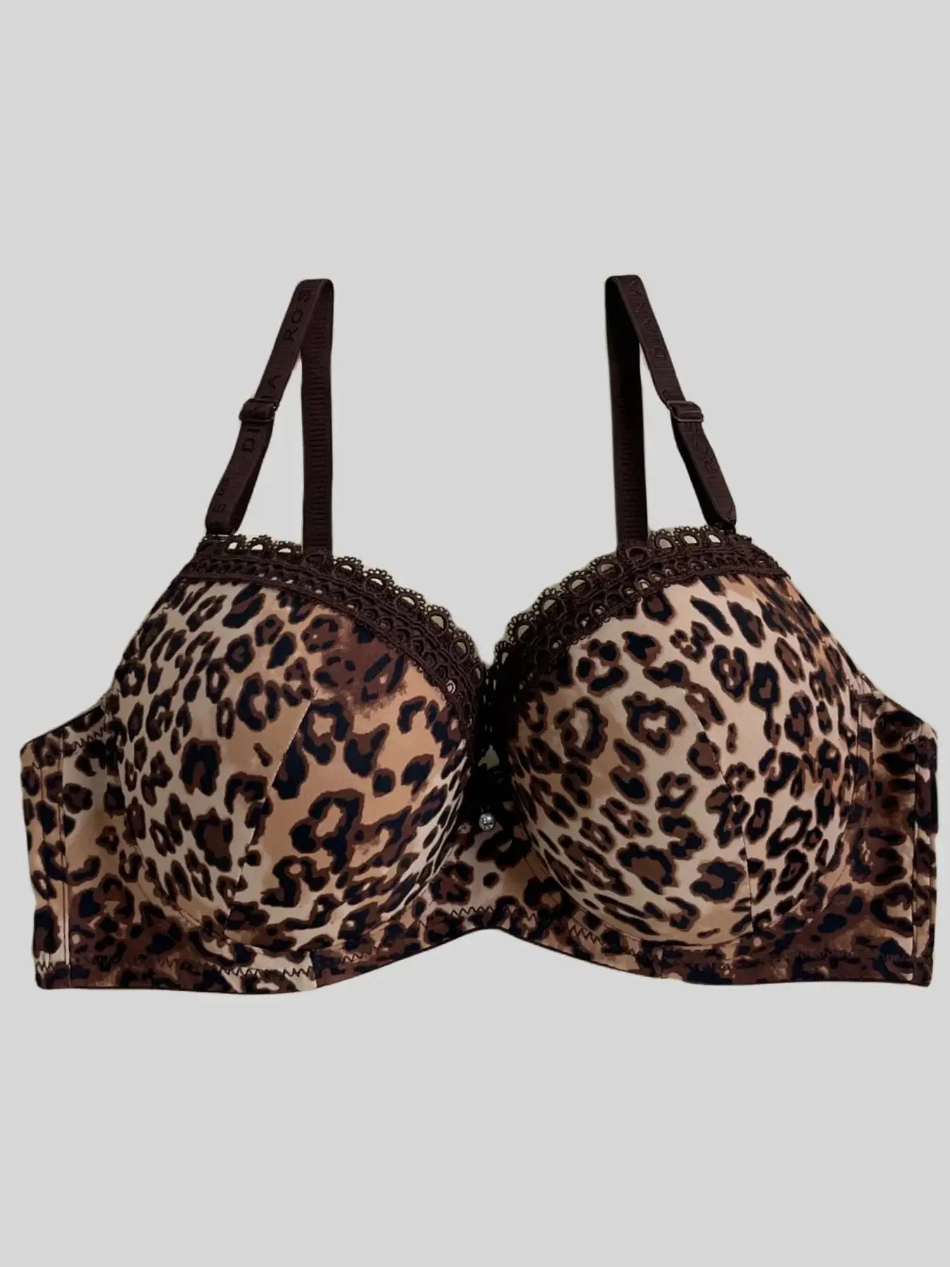 Diana Rose leopard print push-up bra, B cup, by Simples Market, with brown lace trim and adjustable straps