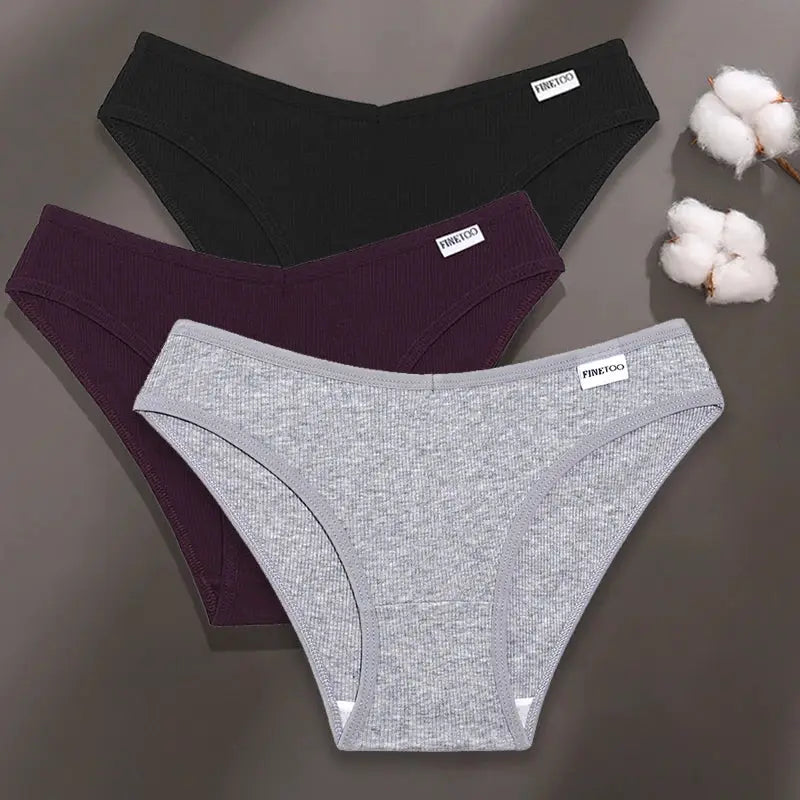 FINETOO 3-pack women's cotton panties in black, burgundy, and gray; Simples Market underwear set