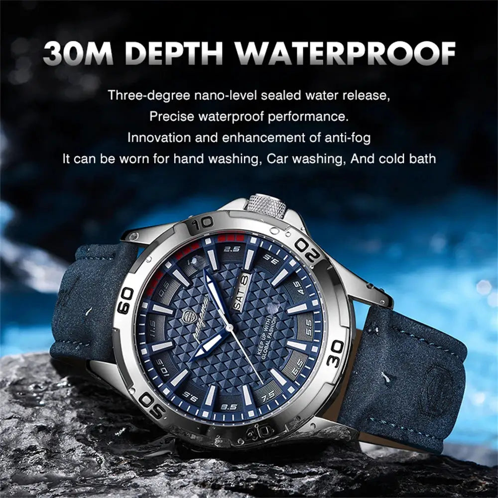 PAAZOMU men's luxury stainless steel watch with blue textured dial and blue strap; 30m waterproof