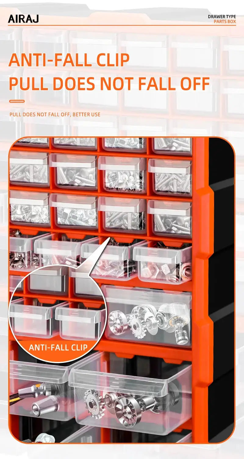 AIRAJ orange plastic multi-drawer parts organizer with clear drawers, anti-fall clip, 15-inch spliceable storage.