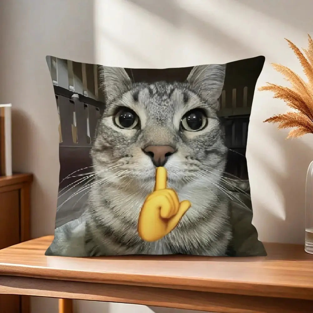 Cushion cover with gray cat face and yellow shushing finger emoji, soft pillowcase for sofa decor