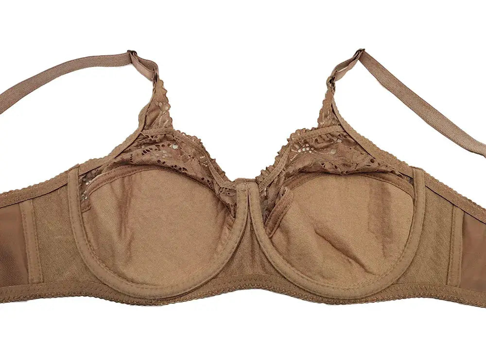 Brown lace full-cup underwire bra with padding and floral trim