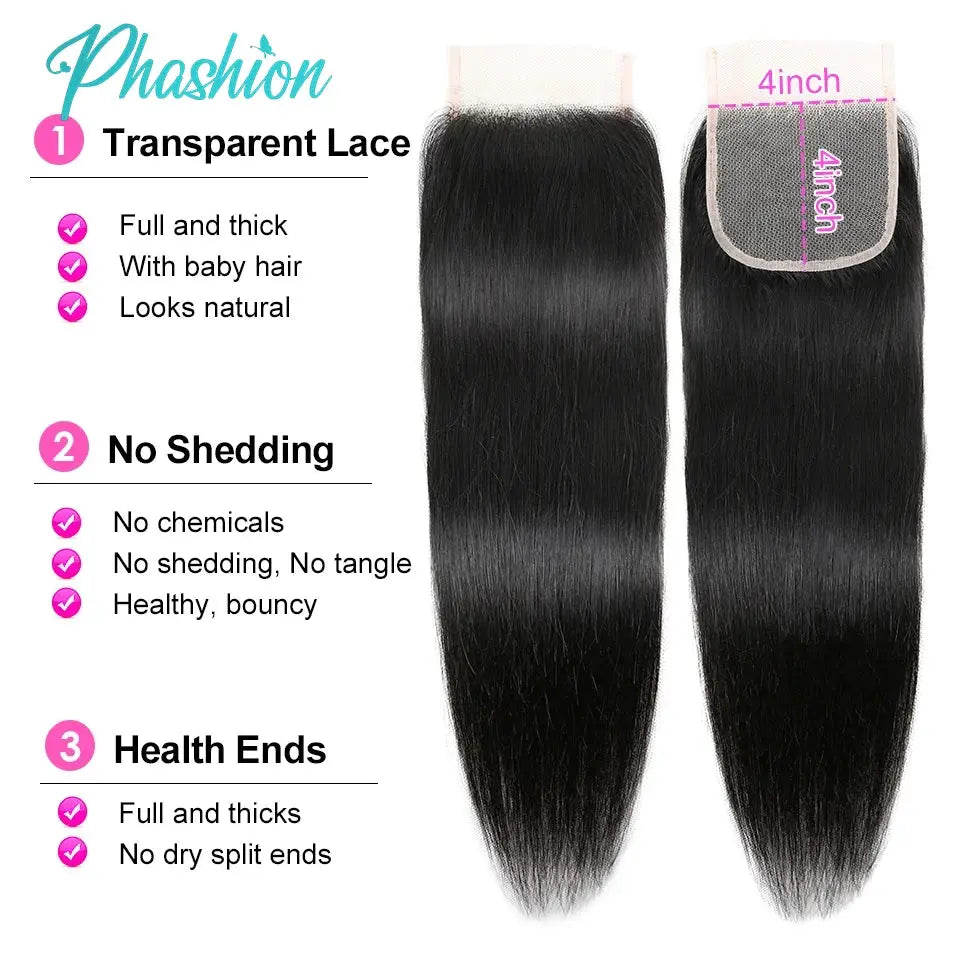 Phashion straight lace closure hair, black, 24–26in, 2 bundles with 5x5/4x4 Swiss lace closures, 100% Remy hair